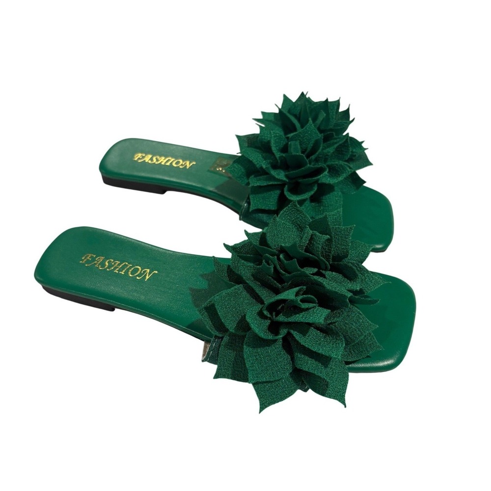 Fashion Emerald Green 3D Floral Square Toe Flat Slide Sandals Womens Size 36 - Picture 3 of 7